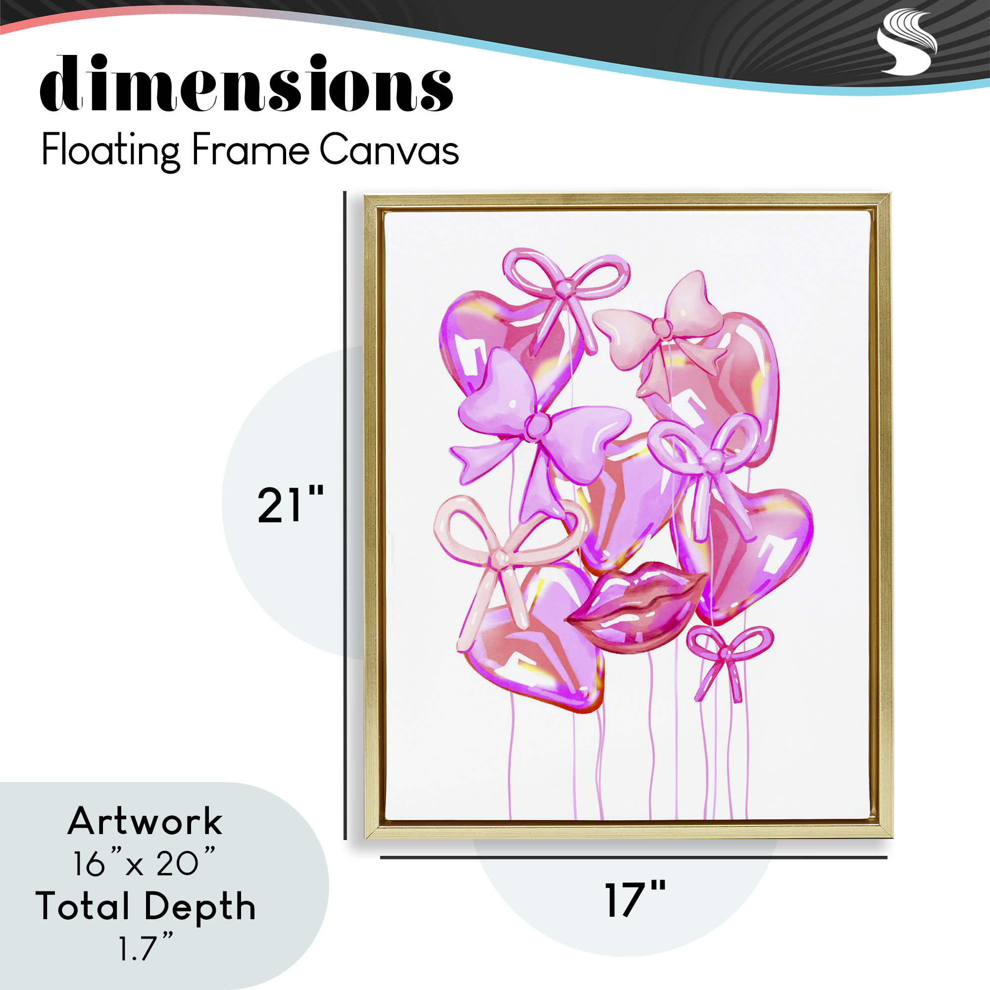 Pink Heart and Bow Balloons Gold Framed Floater Canvas Wall Art, design by Ziwei Li