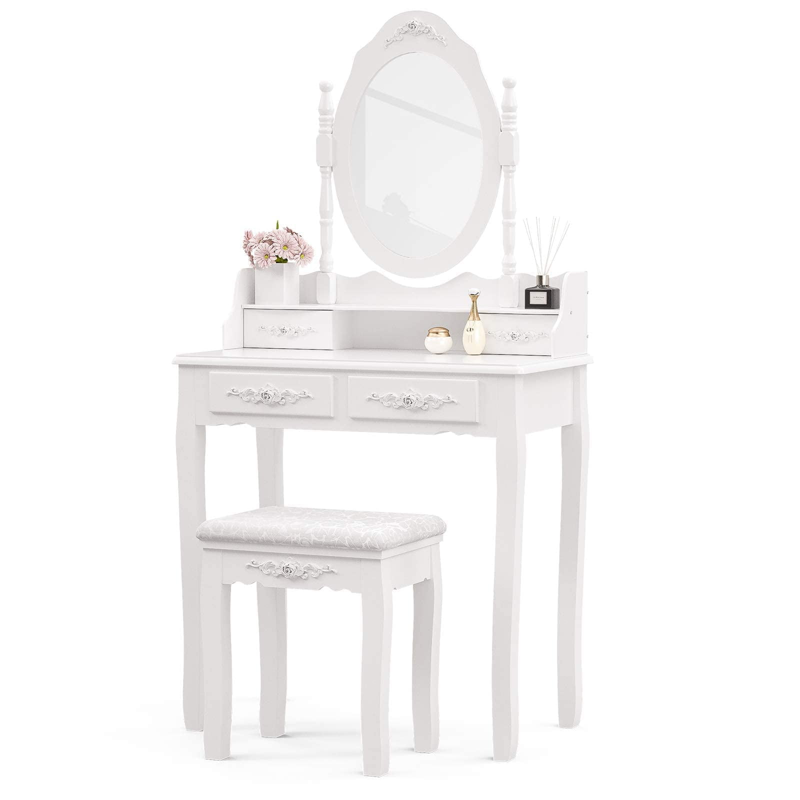 Alohappy Makeup Vanity Set with Oval Mirror & Stool for Girls, Vanity Table and Cushioned Stool Set with 4 Drawers, Wood Dressing Table for Bedroom, White