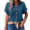 thumbnail image 2 of Womens Cotton Linen Gauze Shirts Loose Fit Button Down Blouses Casual Summer Textured Collared Crinkle Seersucker Tops Navy M, 2 of 7