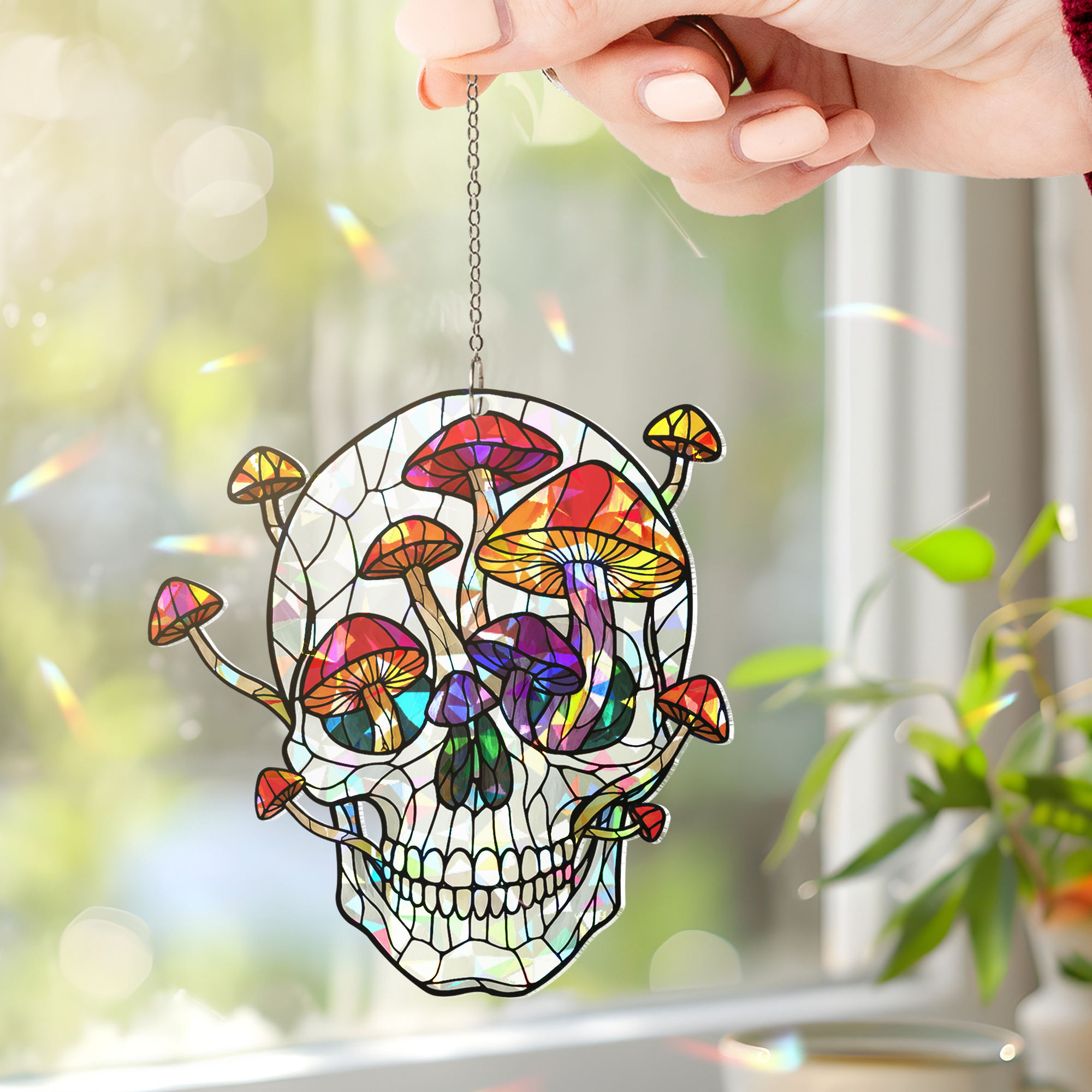 Lotusprinthandmade Skull with Mushroom Graphic Custom Shape Broken Glass Hologram Ornament 8in, holographic mushroom skull window hanging