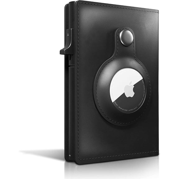 AirTag Wallet Genuine Leather Air Tag Wallet RFID Technology Credit Card Holder with Minimalist Wallet for Men for Apple AirTag (No Airtag Included)(Black)