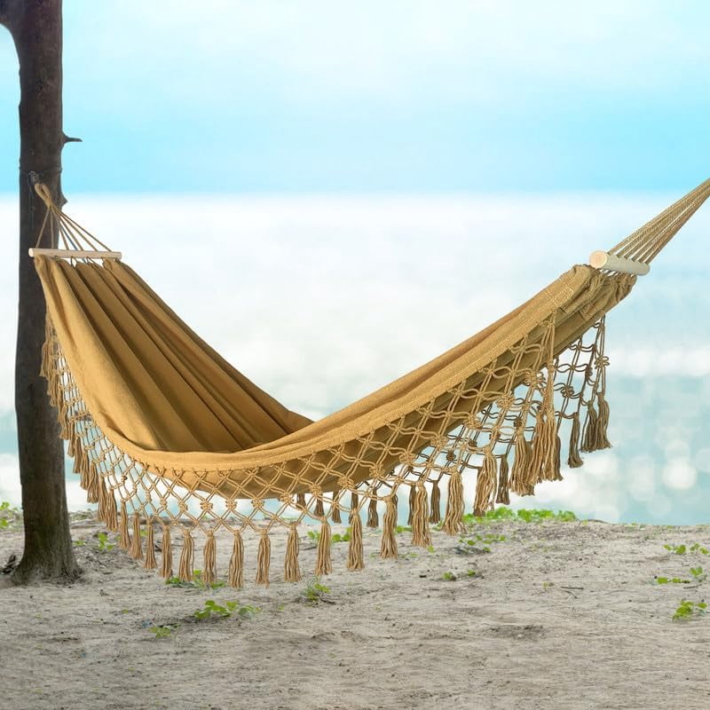 SHANNA Boho Hammock Camping Tassel Hammock for Patio, Yard, Beach Wedding Decor, Outdoor and Indoor, Hanging Hammock Swing,Camel