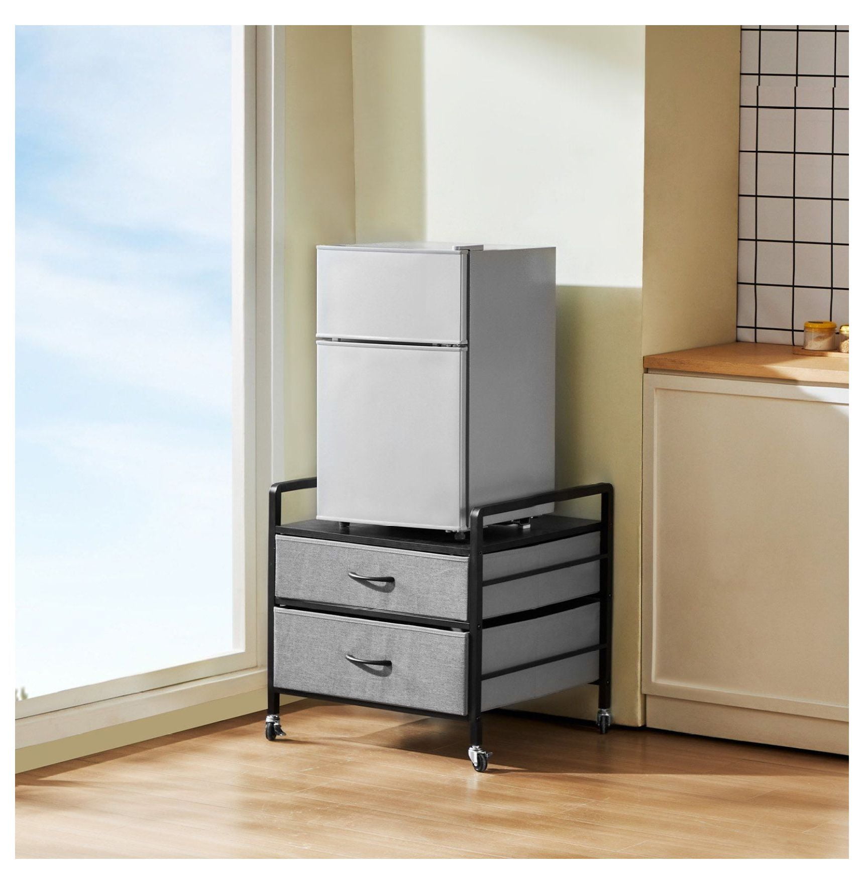 Mini Fridge Stand with Storage, 176 lbs Capacity, Gray Woodgrain - 2 Drawers, Mobile Refrigerator Table, Durable Small Appliance Stand