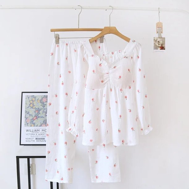 Conjunto de pijama de manga larga con cuello en V para mujer, Jersey de algodón con estampado de cereza y melocotón, ropa Kawaii de moda, 2 piezas, con almohadilla para el pecho