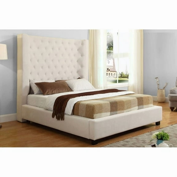 Upholstered Wing Back Eastern King Bed, Tower High Tufted Headboard, Cream