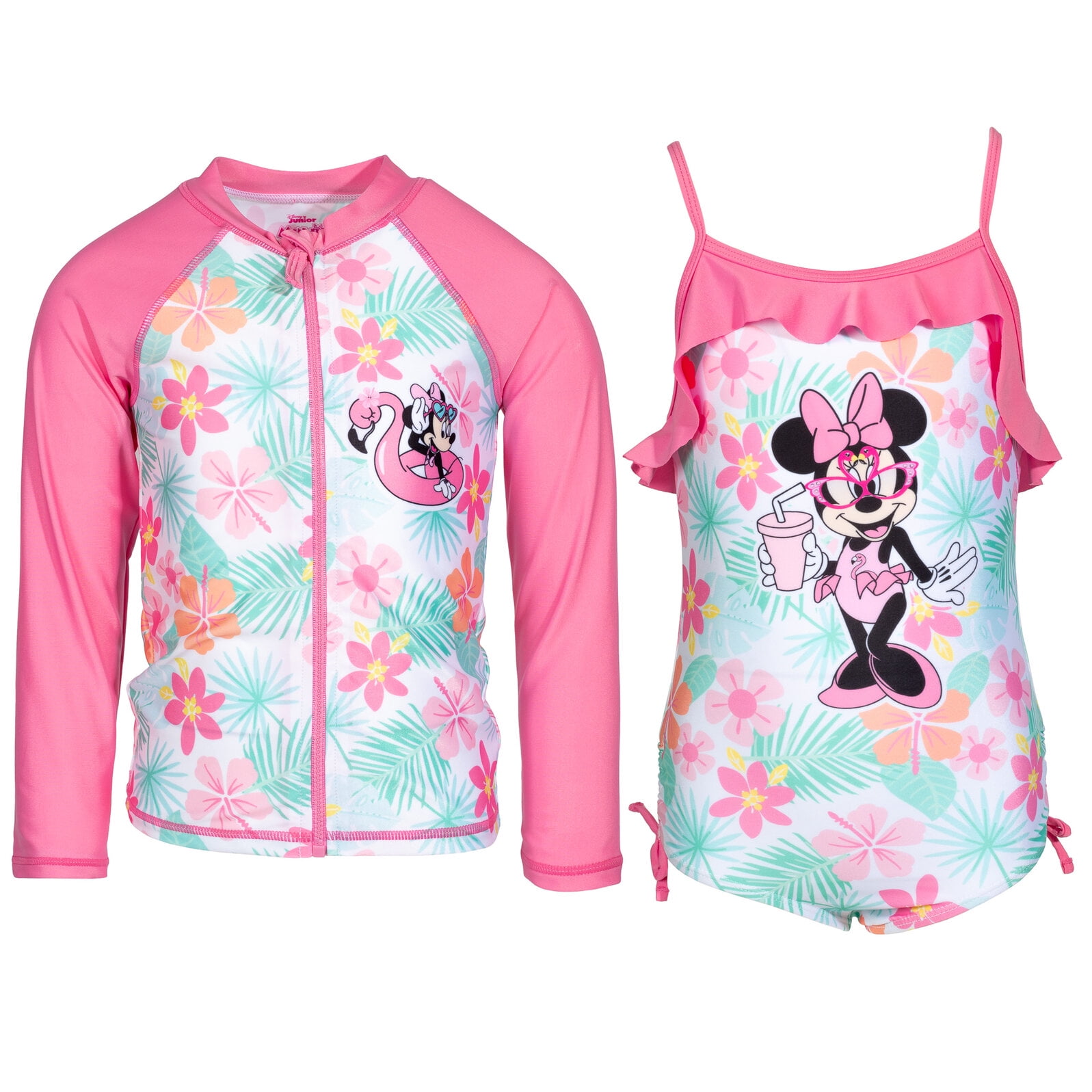 Disney Minnie Mouse Little Girls One Piece Bathing Suit and Zip Up Rash