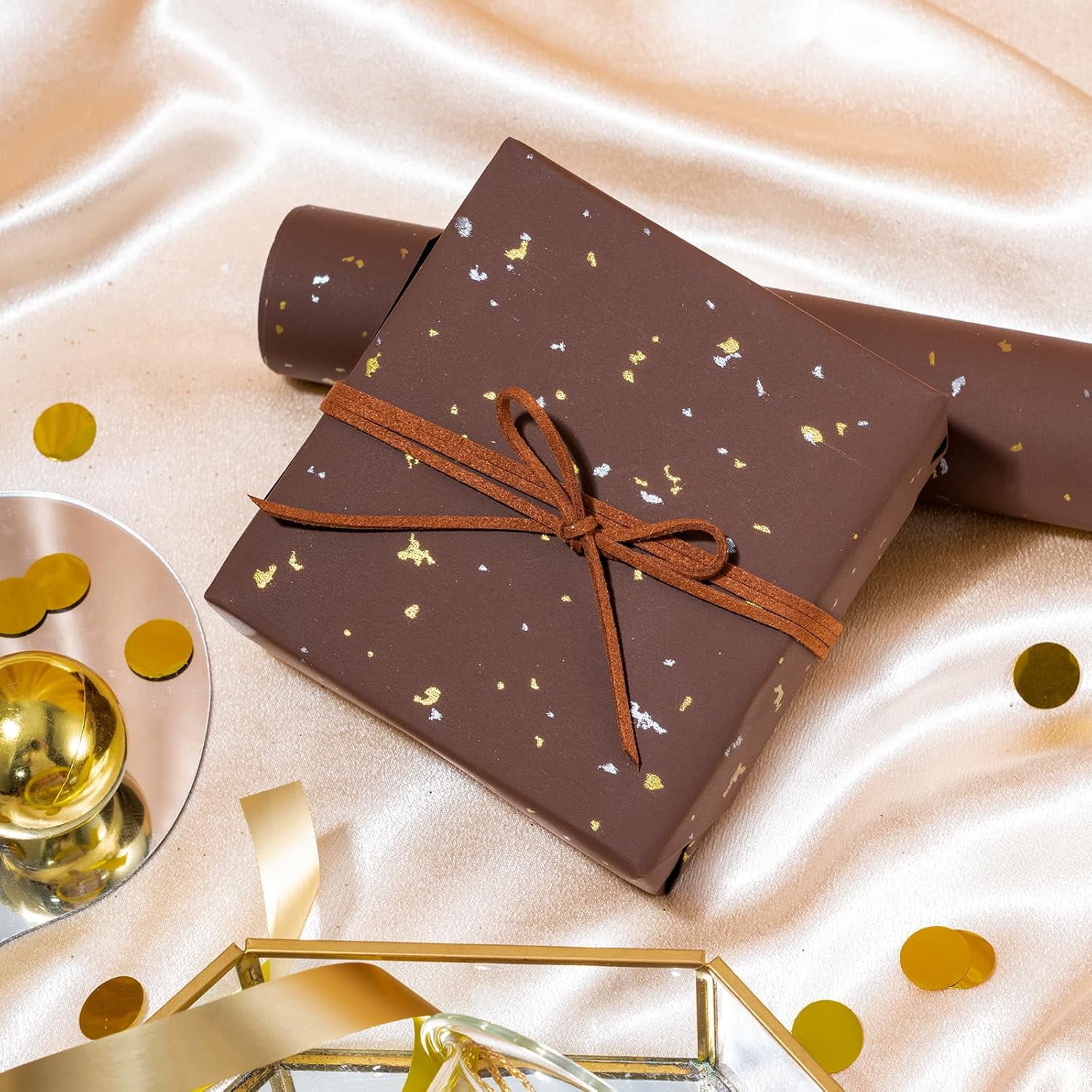 30 Inch Jumbo Chocolate Brown Wrapping Paper Roll - 30 Inch x 16.5 Feet - Chocolate Brown Gold Design with Silky Touch Perfect for Birthday, Holiday, Wedding, Baby Shower