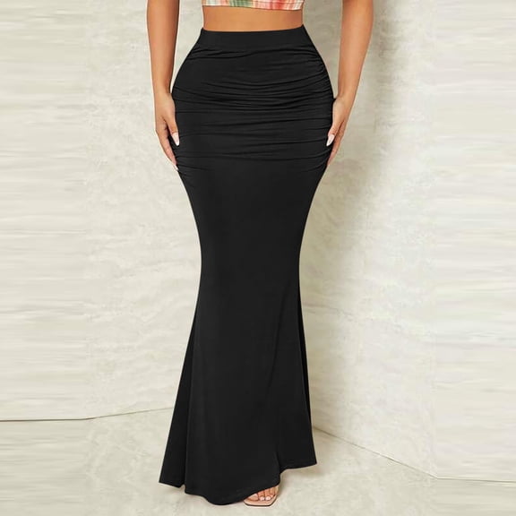 SDNall Women's Summer Casual Long Skirt with Elastic Waist, Solid Fold Design, Soft Polyester for Beach, Vacation, Daily Use