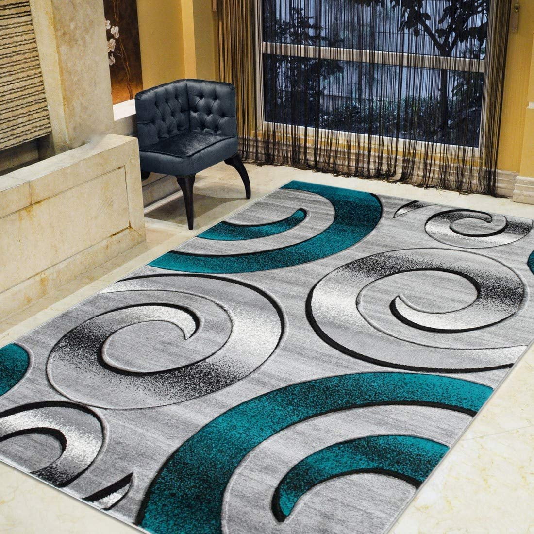 Modern Area Rug Carpet 3D Swirls Circles Spiral Abstract Design Hand Carved 