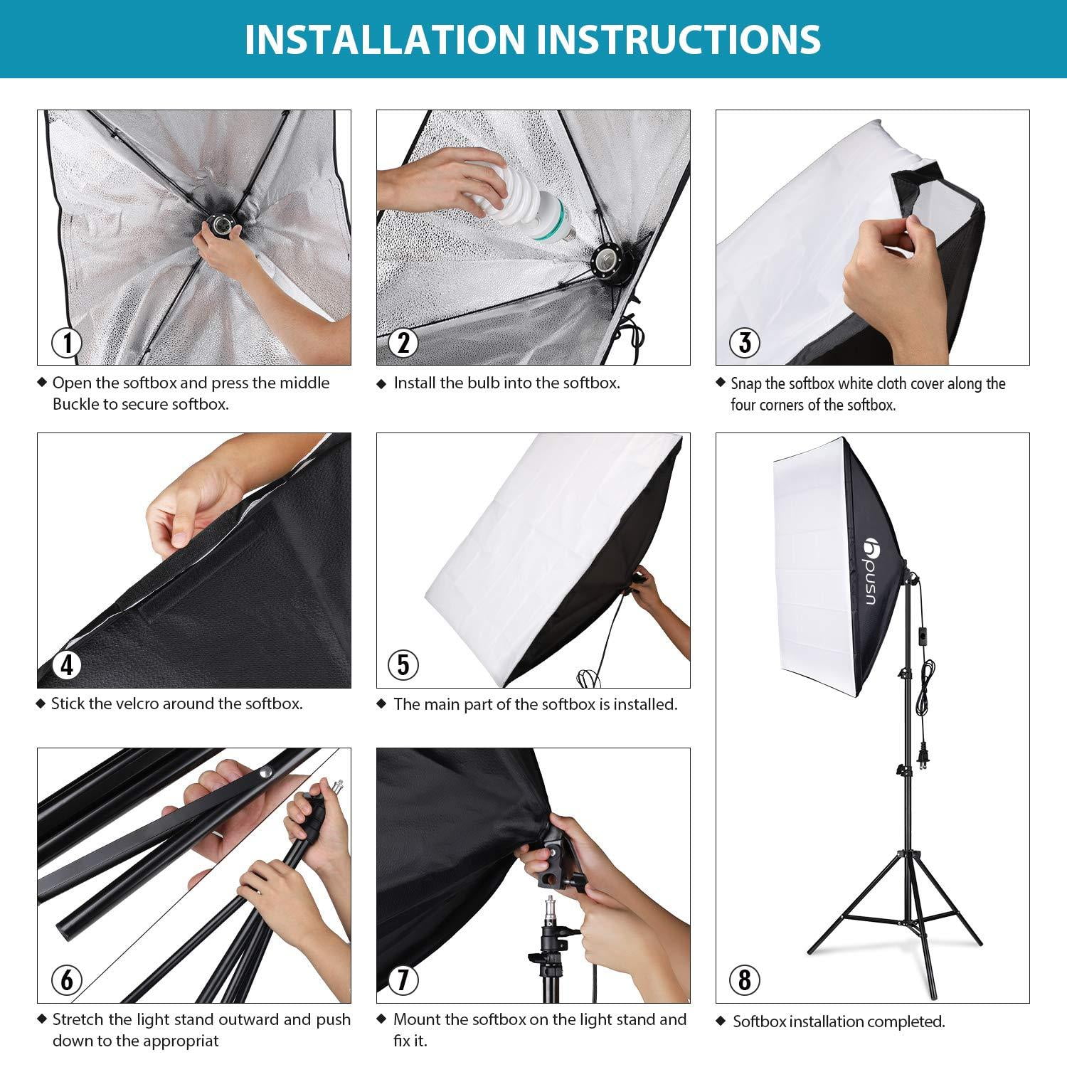 HPUSN Softbox Lighting Kit Continuous Equipment with 85W 5500K E27 Socket Light and 2 Reflectors 50 x 70 cm and 2 Bulbs Sand Bag Carr Background Support System Kit for Photography Studio with Clamp 