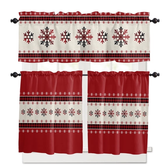 Christmas Snowflake Kitchen Curtains and Valances Set, Red and Black Buffalo Plaid Rod Pocket Window Valance 18 Inch Window Curtain Panels for Living Room Bedroom Laundry, 27.5x36in, 3 Pieces
