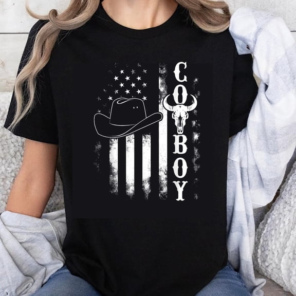 100% Cotton Cowboy American Flag T-Shirt with Hat and Skull Design for Men Women Unisex Country Western Style Black Tee Shirt