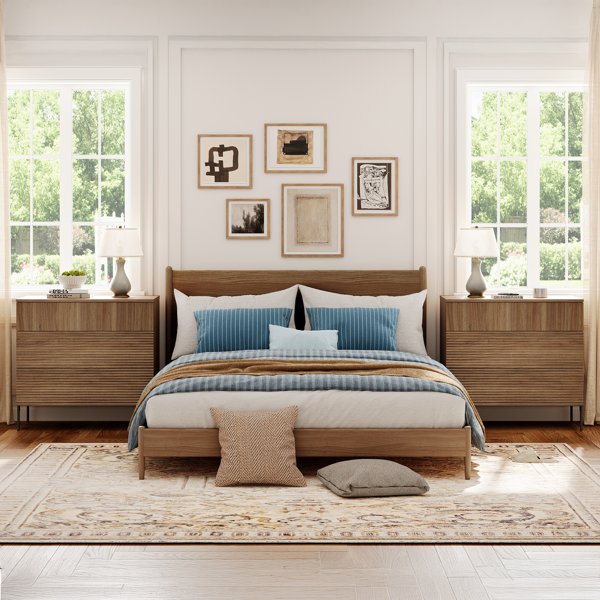 Modern Minimalist Wood Nightstand Set of 2 with 3 Drawers ,31.5" Large End Table,Reeded Design Bedside Table for Bedroom, Living Room,Entryway