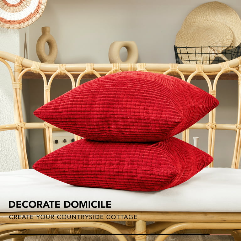 Deconovo Christmas Red Throw Pillow Covers with Corn Texture, Set of 2 Striped Corduroy Cushion Covers for Bedroom Living Room, 16x16 inch, Bright Red
