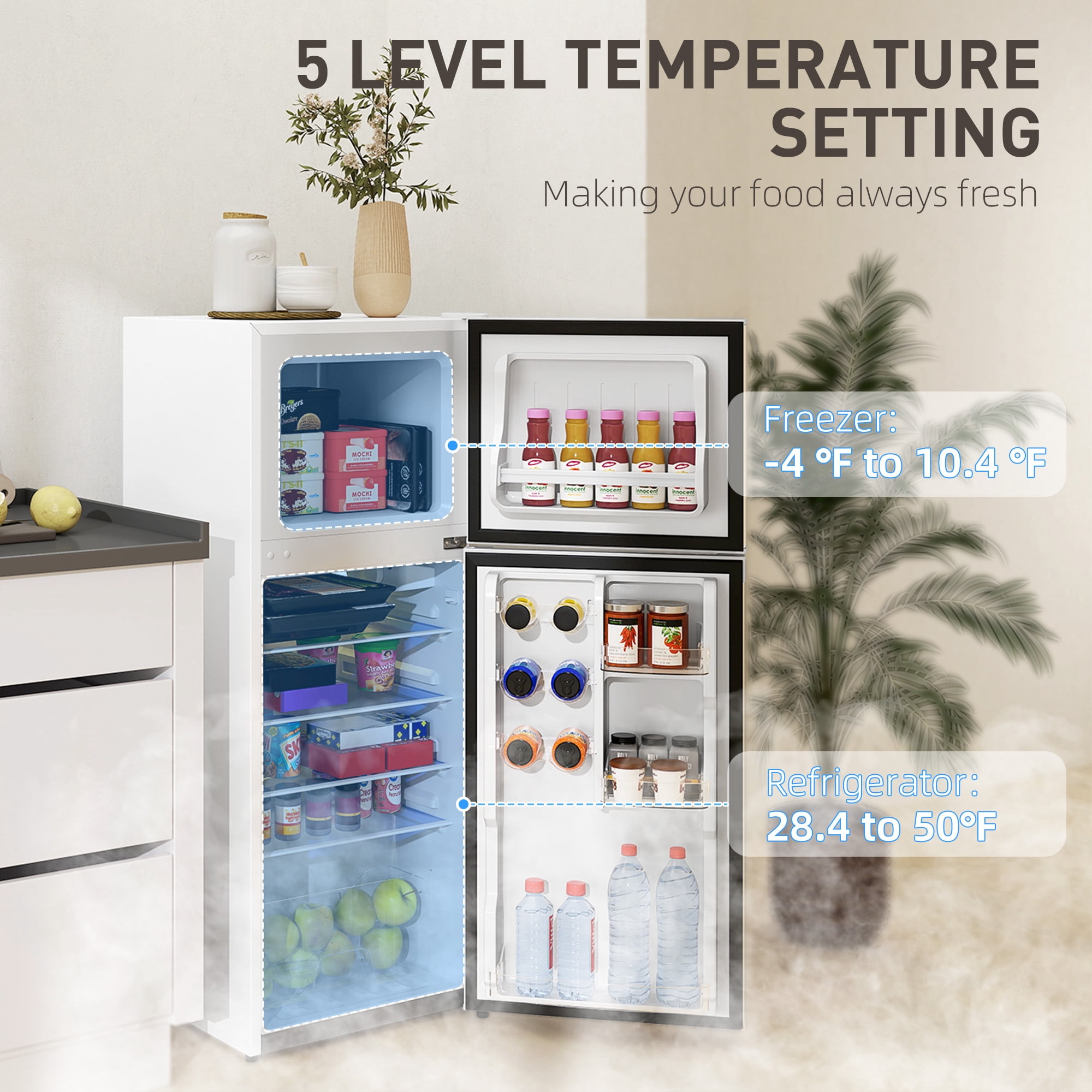 HOMCOM Small Fridge with Freezer, 4 Cu Ft Refrigerator with Shelves, White