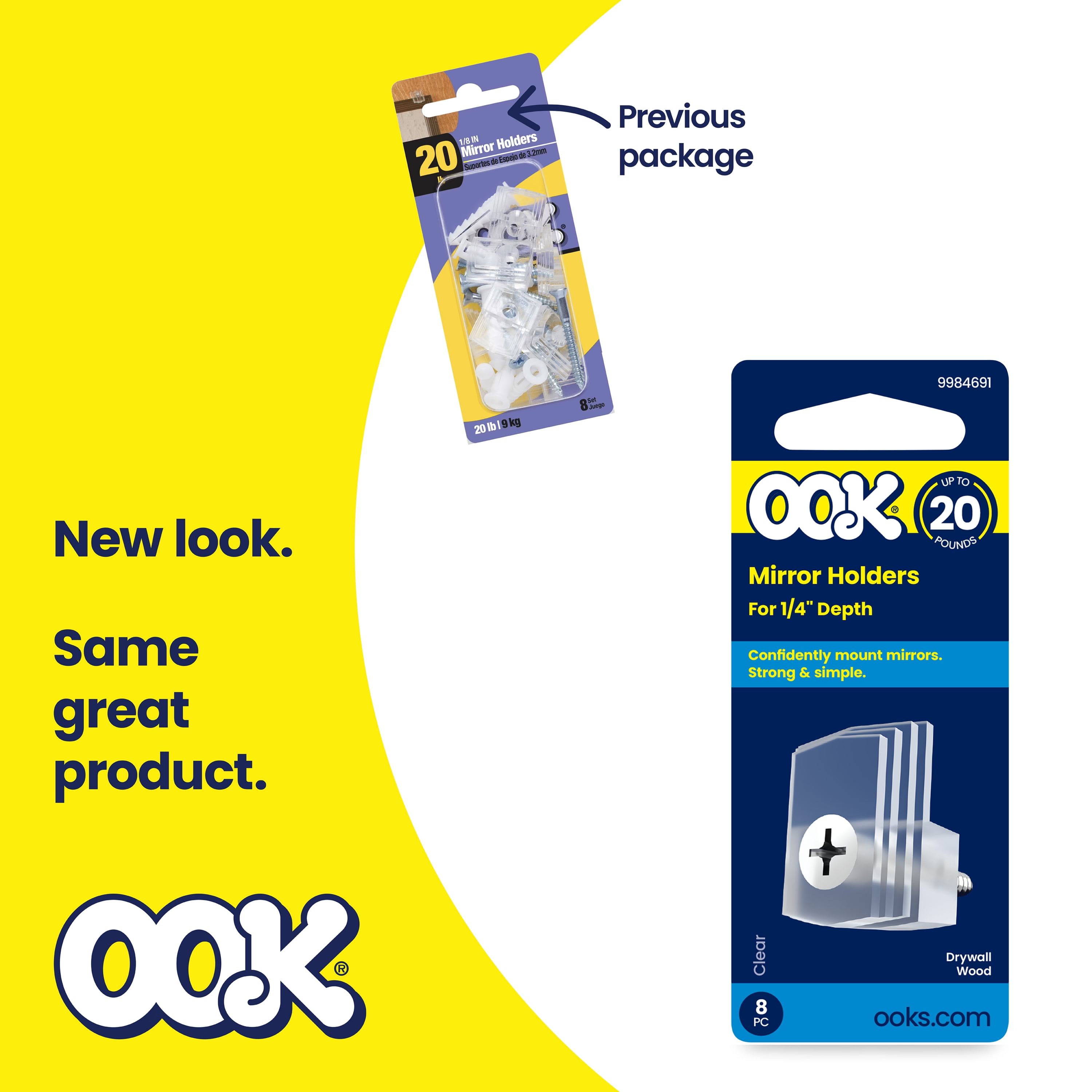Ook Mirror Holders for 1/4" Depth, 20 lbs, Acrylic, Clear, Clear, 8 pack