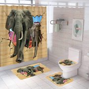 ZHANZZK Elephant Herd 4 Piece Bathroom Set Shower Curtain Bath Rug Contour Mat and Toilet Lid Cover