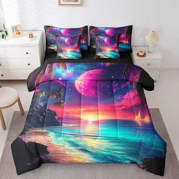 Erosebridal Teens Sea Beach Bedding Sets Twin Size,Starry Sky Comforter Sets with Sheets,Ocean Room Decorative,Reversible,Breathable,7-Piece