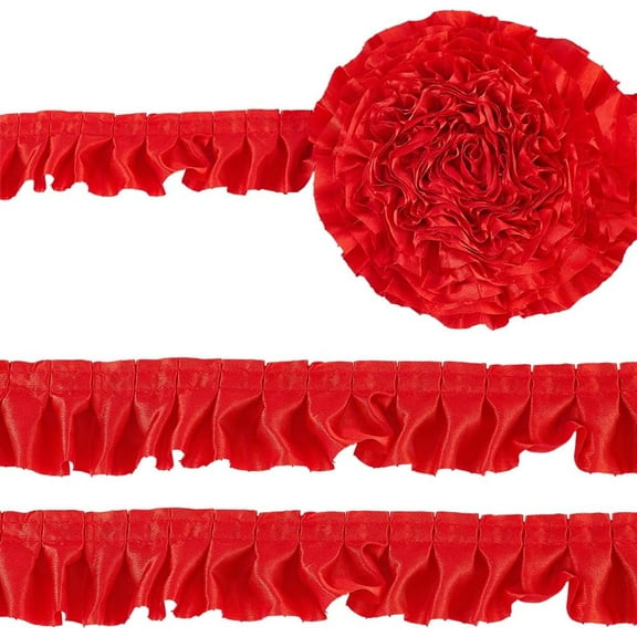 10.9 Yards Ruffle Edge Satin Ribbon 1-5/8 Inch Wide Gather Pleated Fabric Fringe Lace Trims Ribbon Polyester Lace Edge Trim Decoration for Clothes Decor DIY Sewing Craft (Red) red
