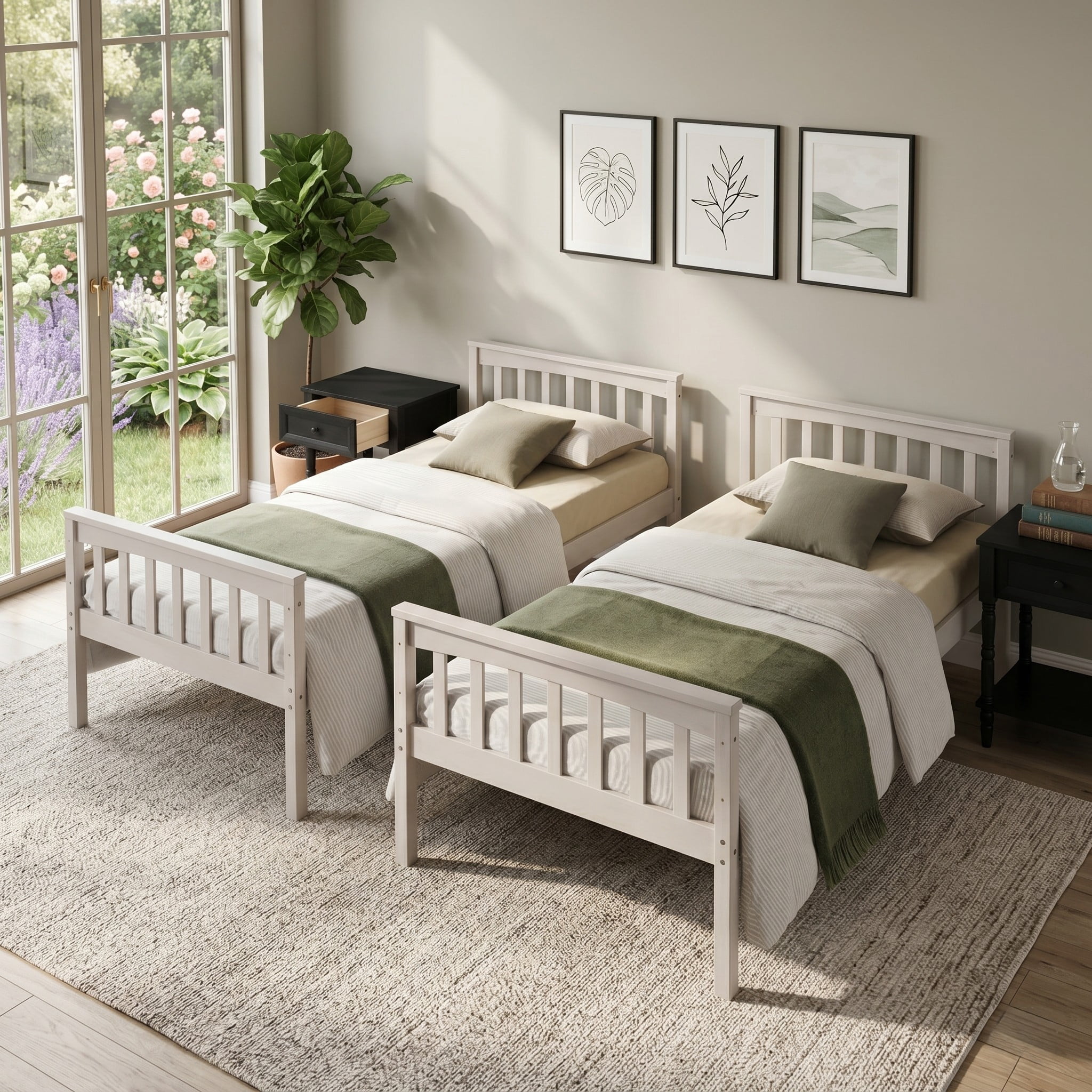 Home Design Ames Twin Over Twin Solid Wood Bunk Bed with 2 Ruston Nightstand – 3-Piece Space-Saving Bedroom Set, Antique White/ Black