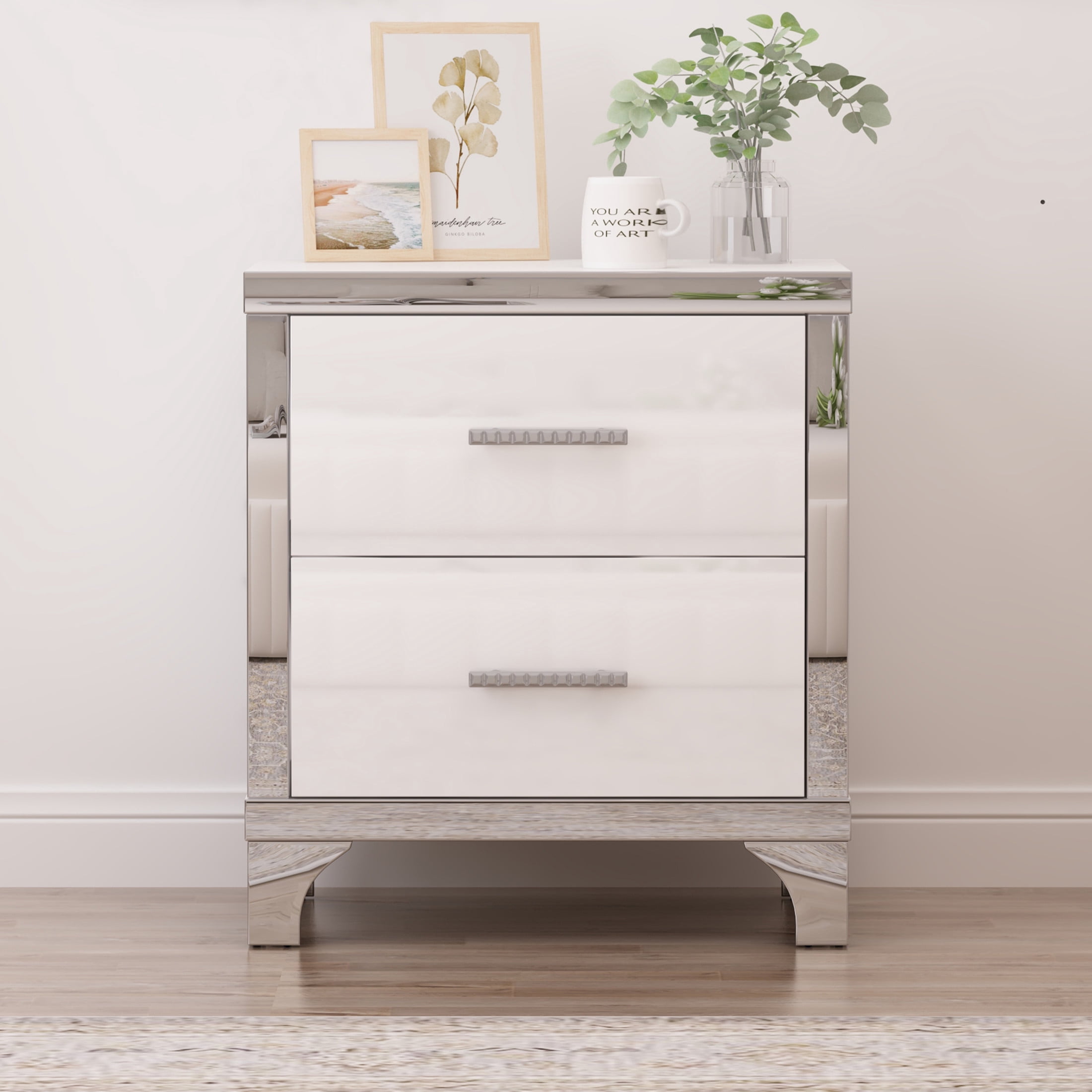 Noble House High Gloss Nightstand with 2 Drawers, Metal Handles and Legs, White