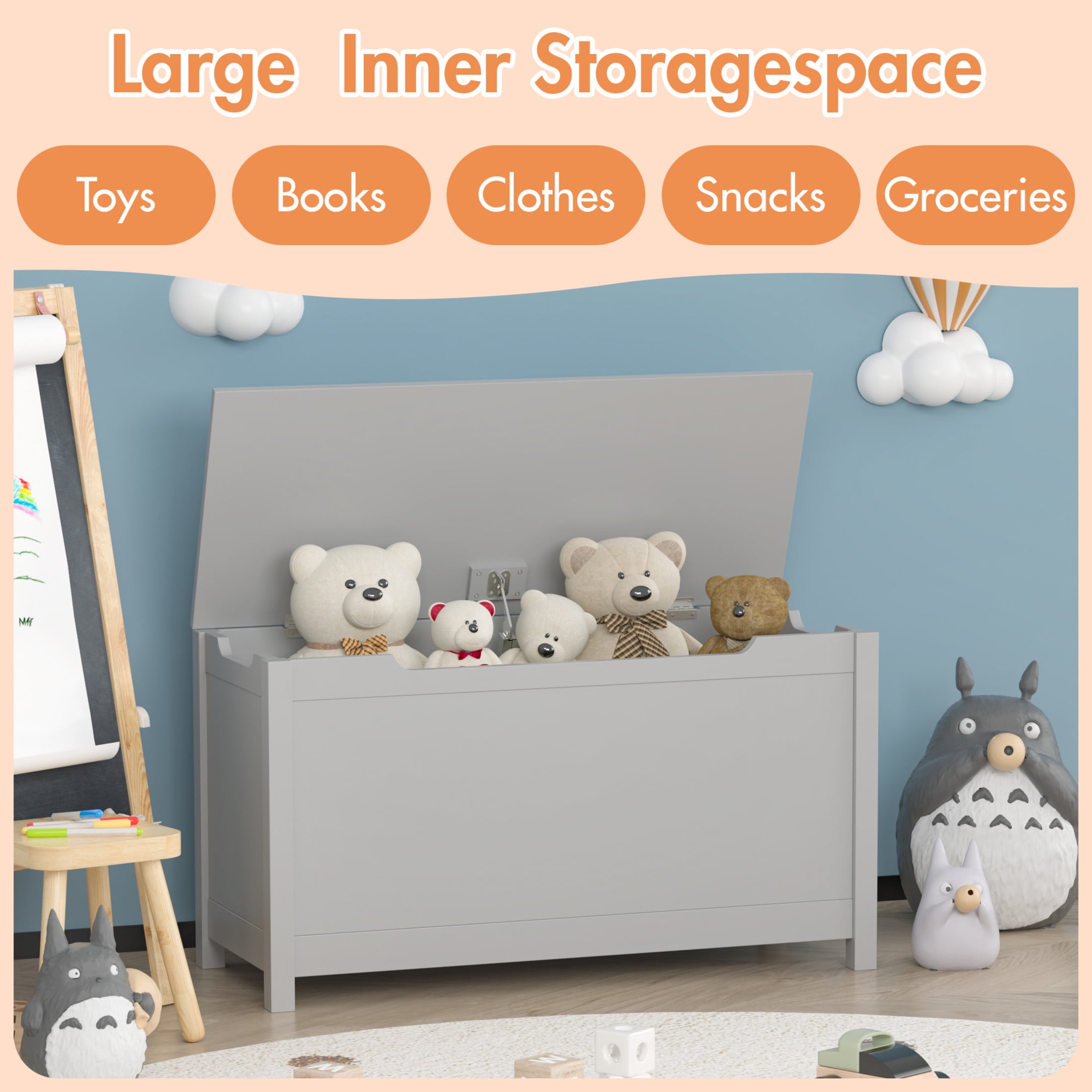Noble House Thalhill 31.5" Kids Wooden Toy Box, Safety Hinged Lid Storage Chest Bench, Toy Organizer Kid Room, Gray