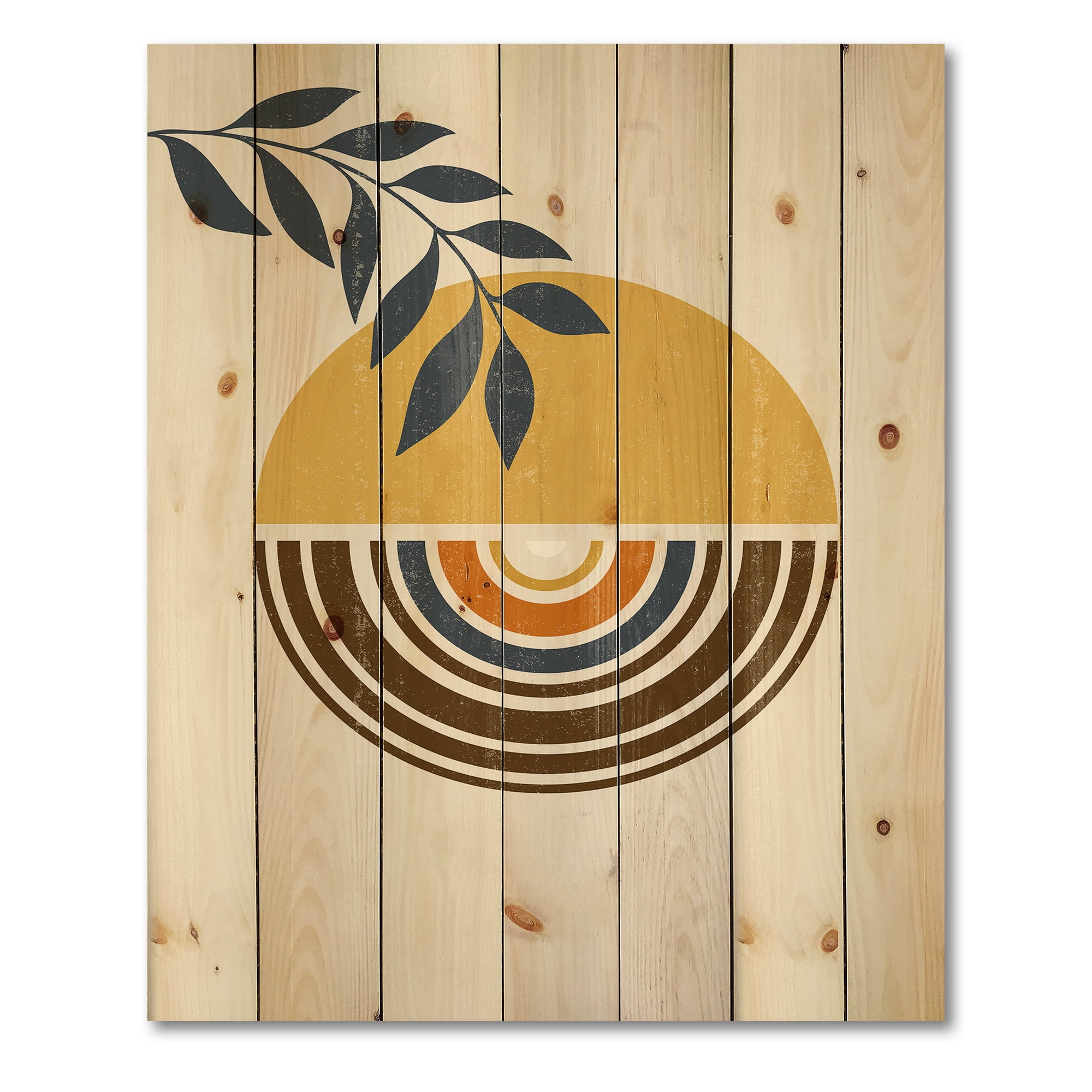 Designart 'Abstract Sun and Moon Leaves ' Modern Print on Natural Pine Wood