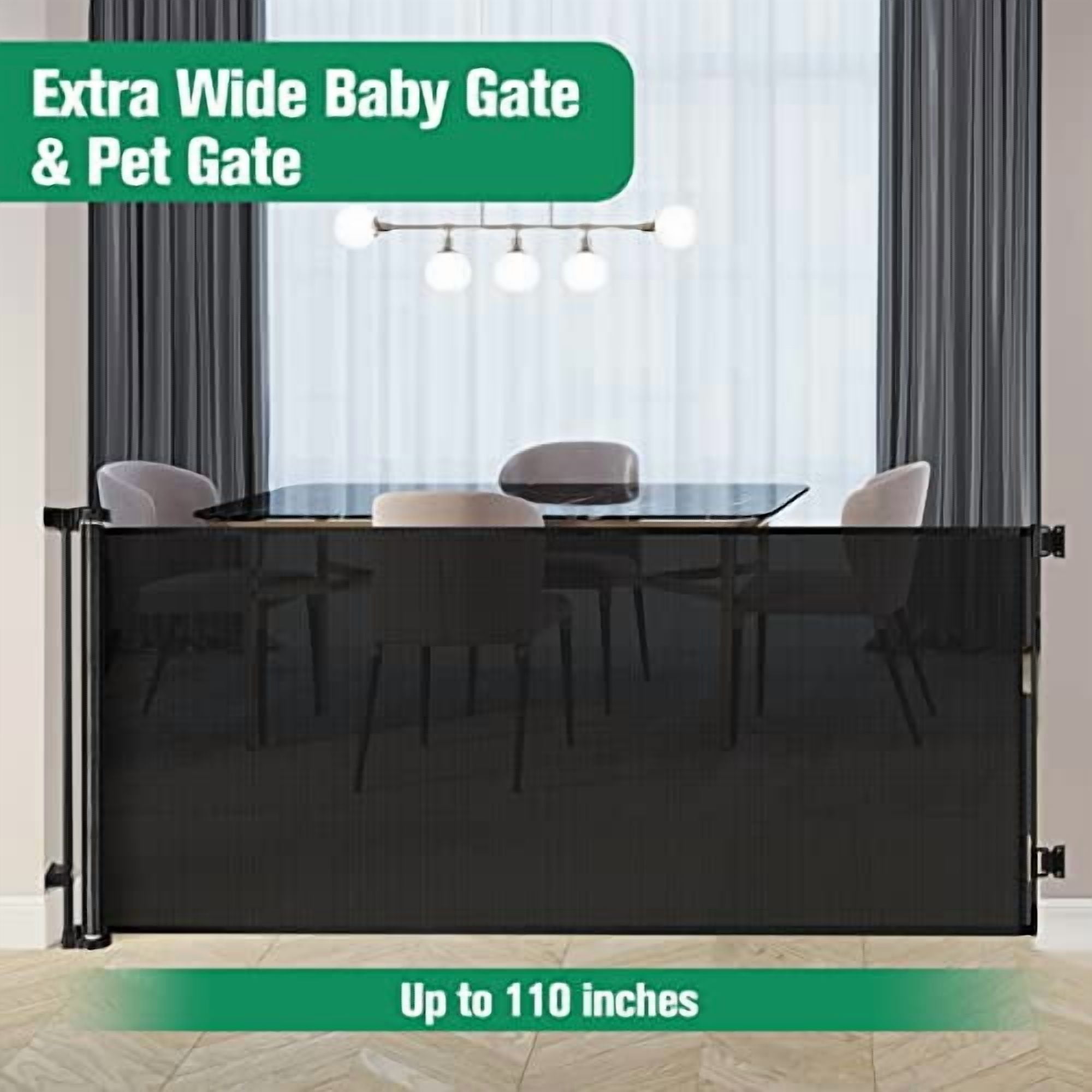 110 Inch Extra Wide Baby Gate for Large Openings, Retractable Gate Outdoor Retractable Dog Gate Indoor Extra Long Dog Gates for Doorways Large Pet Gate for Stairs, Long Gates for Kids or Pets, Black