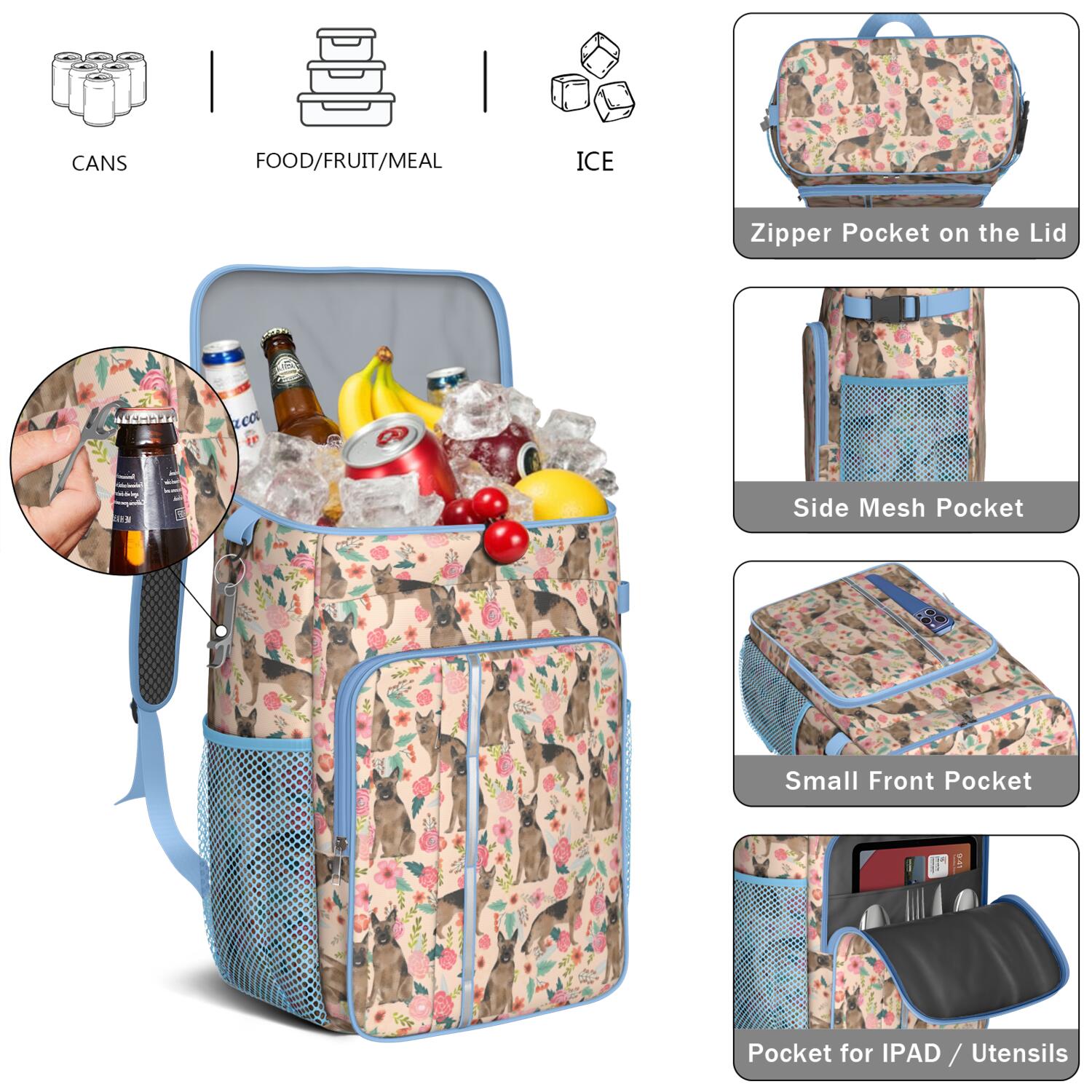 Travel Cooler Bag - German Shepherd with Flowers Camping Beer Cooler Backpack with Bottle Opener- Waterproof Insulated Picnic Backpacks - Cooler Bag for Beach