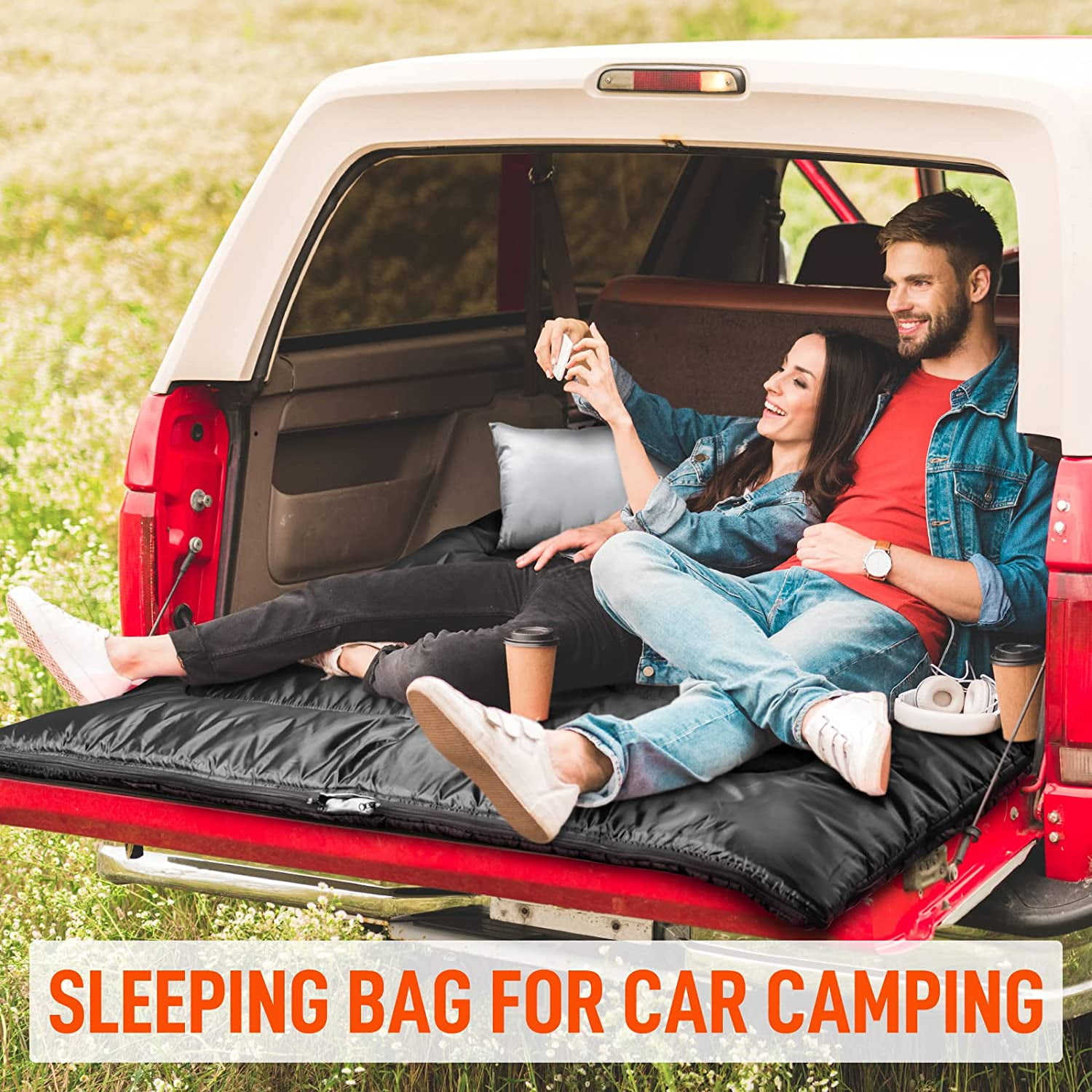 Double Sleeping Bag for Adults Mens with Pillow, XL Queen Size Two Person Sleeping Bag for All Season Camping Hiking Backpacking 2 Person Sleeping Bags for Cold Weather & Warm