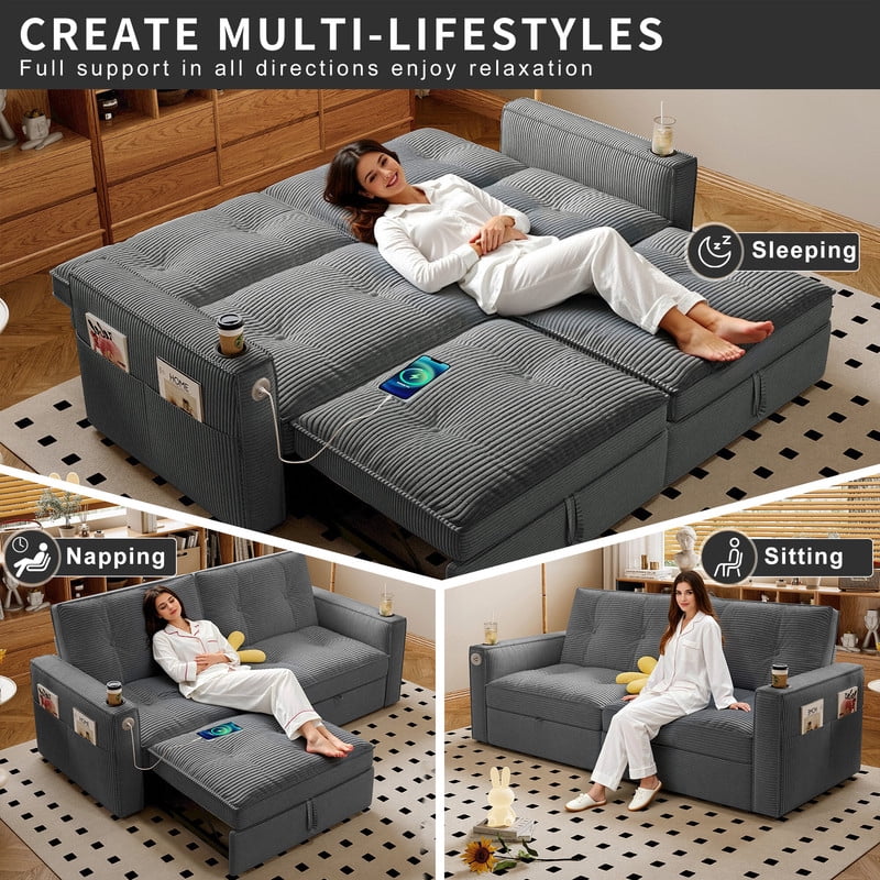 72.6" Convertible Sofa Bed, 2-in-1 Sleeper Sofa with USB Charging Ports & Side Pockets, Modern Corduroy Upholstered Sofa Couch with Steel Frame for Living Room, Bedroom, Apartment