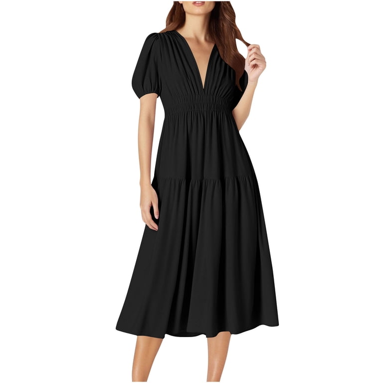 cute black flowy dresses Cute Dresses for Women New Women's Summer Flowy Maxi Dress Short Sleeve  Smocked Tiered Ruffle Boho Dresses with Pockets Black L