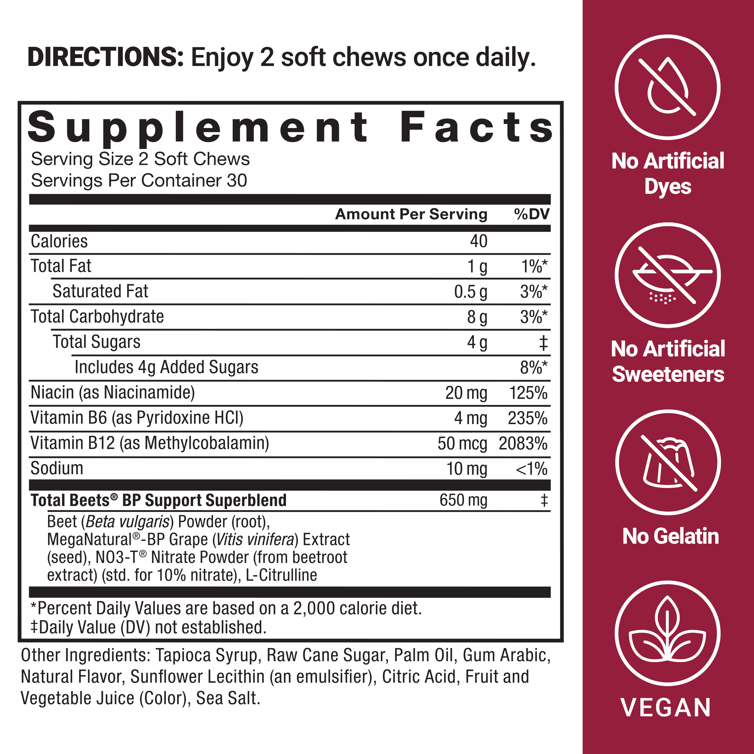 Force Factor Total Beets Blood Pressure Support, Beet Root Supplement for Nitric Oxide, Circulation, Heart Health & Energy, Acai Berry, 60 Soft Chews