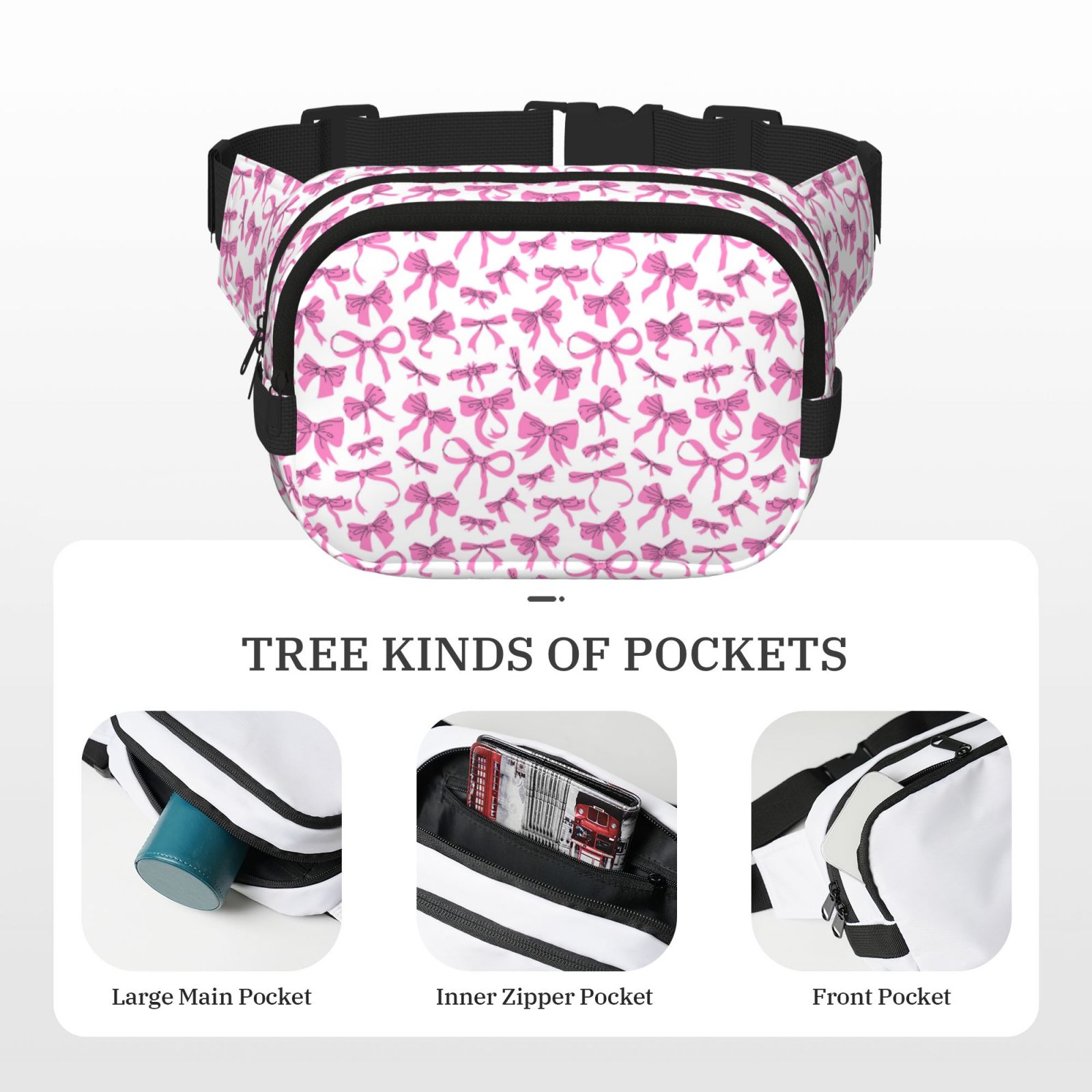 Fuzoiu Pink bows Print Unisex Square Double Layer Waist Bag,Crossbody Fanny Pack Travel Workout Accessory
