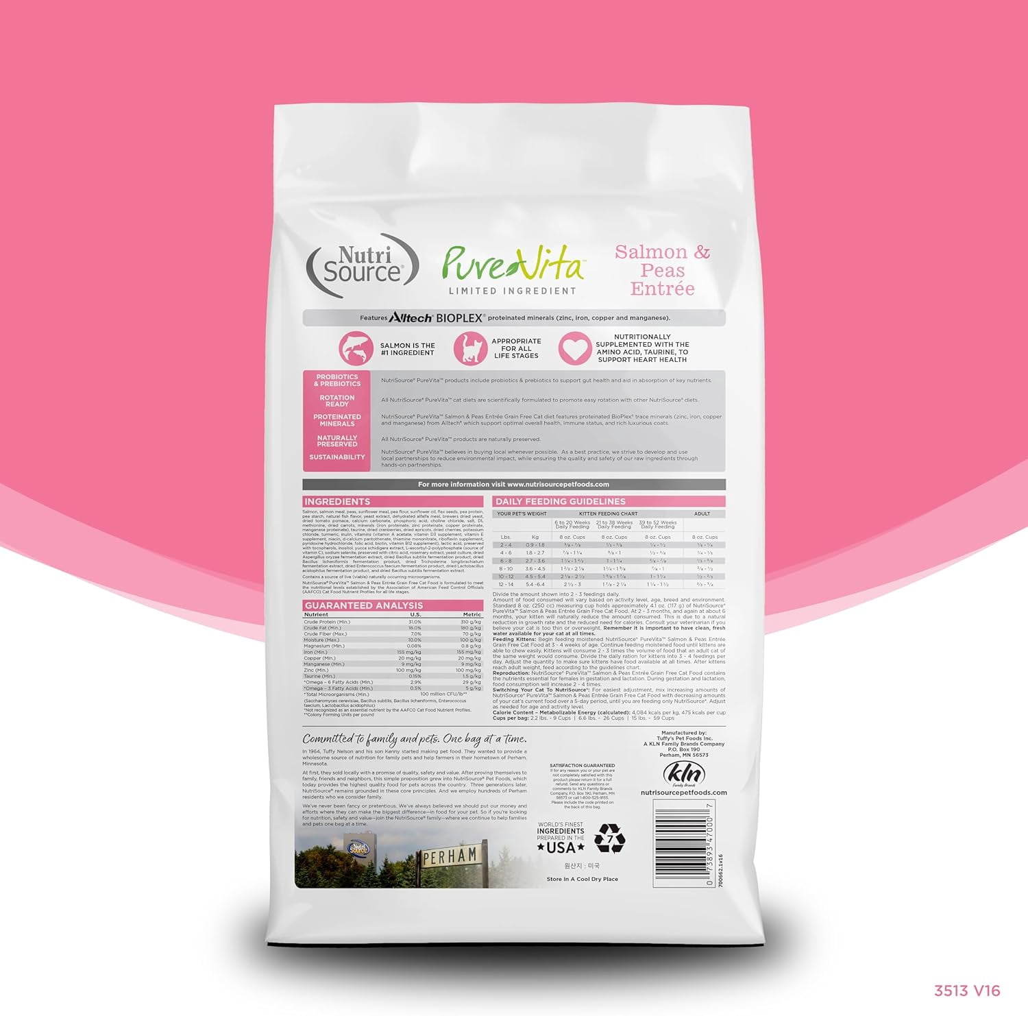 NutriSource Pure Vita Grain Free Cat Food, Salmon and Peas, 12LB