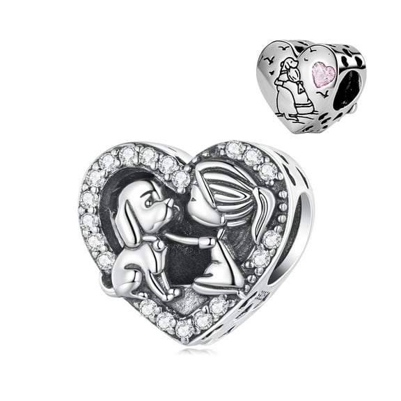 925 Sterling Silver Little Girl & Puppy Heart Charm for Women Charm Bracelet & Necklaces