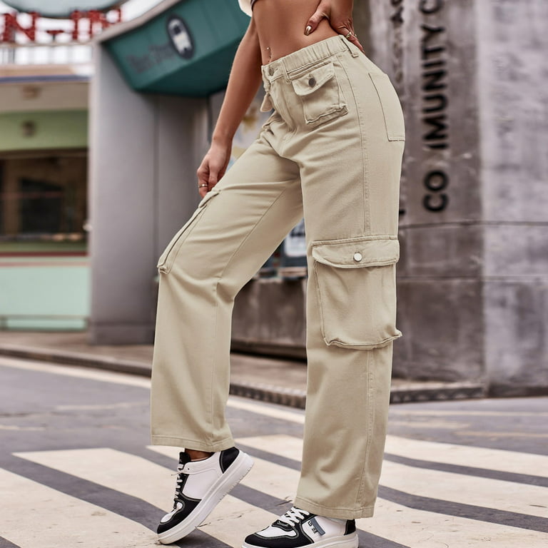 haxmnou women casual fashion high waisted cargo pants wide leg casual denim  trousers multi pocket cargo jeans khaki s