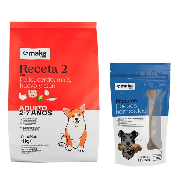 Maka Receta 2 Adulto Razas Medianas y Grandes 4 Kg + Hueso Femur Horneado 1 Pieza