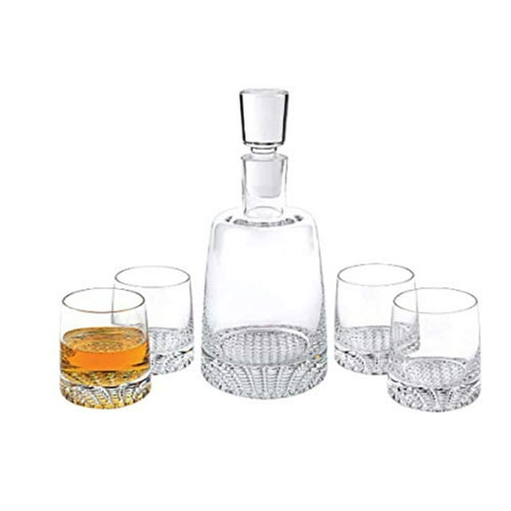 Badash Crystal Park Avenue European Mouth Blown 5 Piece Decanter & Rock Glasses Set (K830)