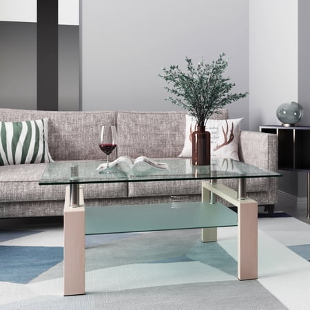 Rectangle Modern Coffee Table, Black Glass Steel Side Center Tables for Living Room, Oak