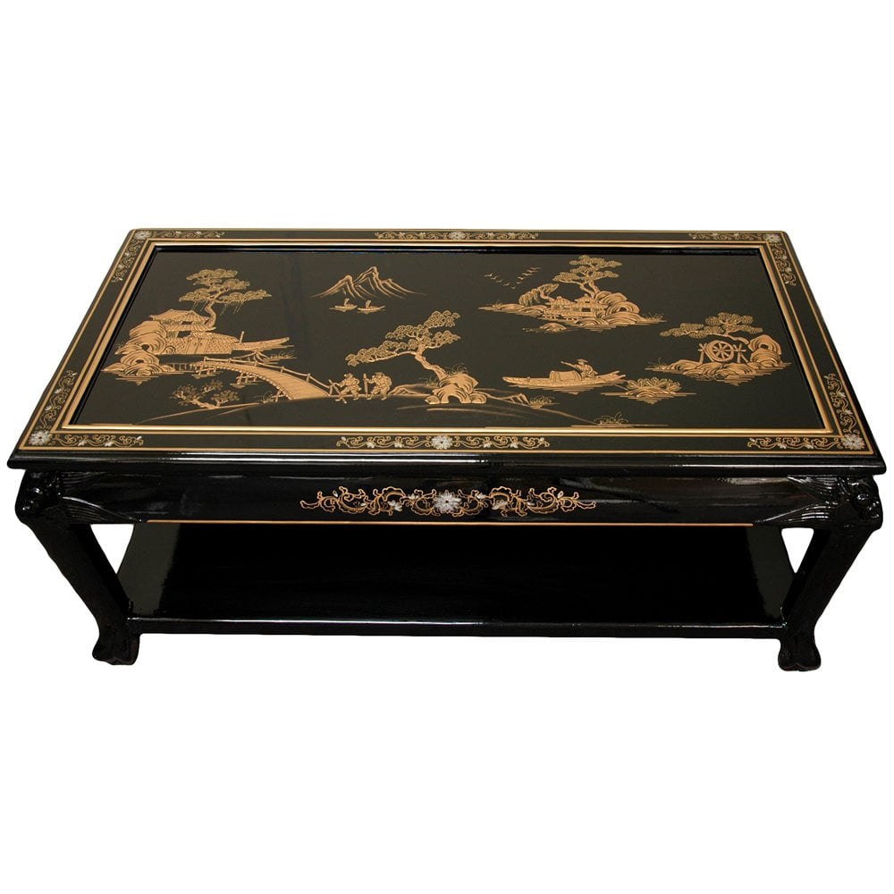 Oriental Furniture Hand Painted Wood 40" Rectangle Coffee Table, Black