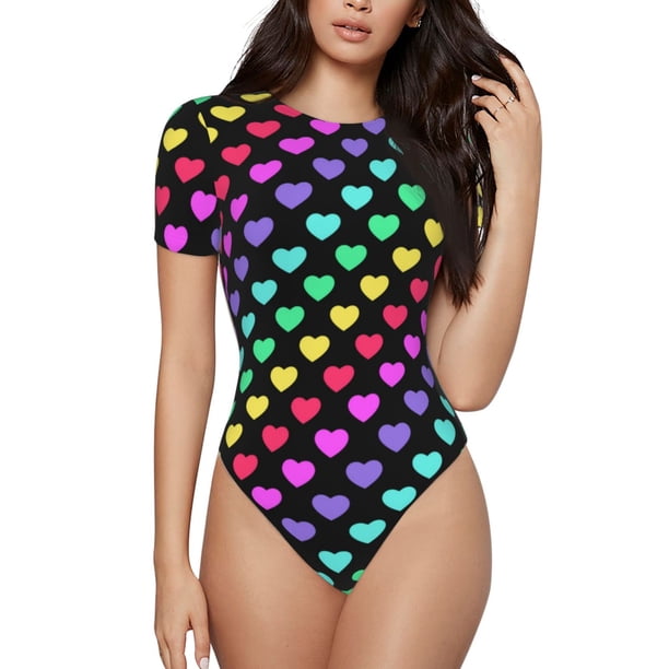 Balery Rainbow Hearts Body de cuello redondo de manga corta para mujer Tops de manga corta Tops básicos-Medium