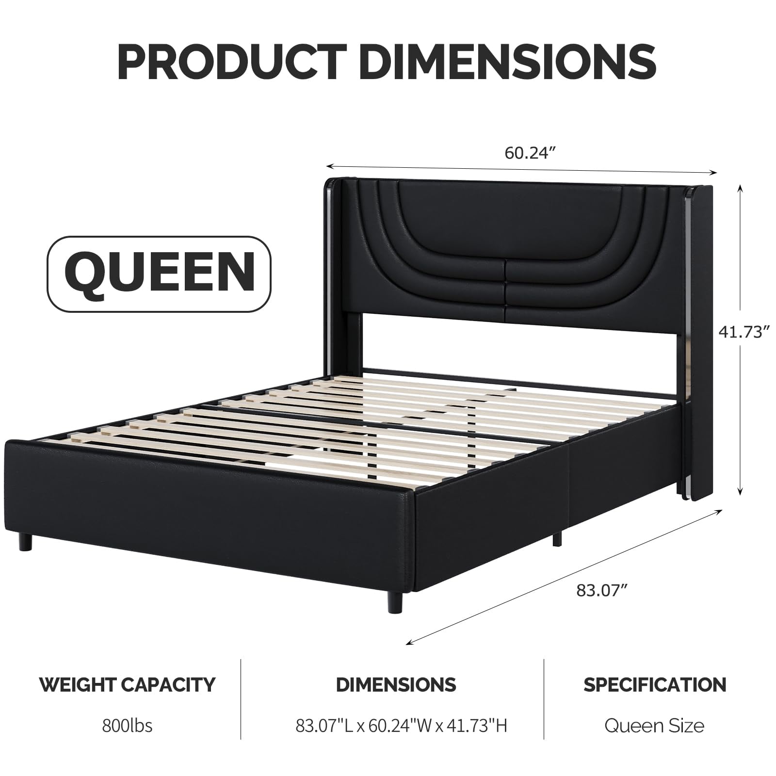 4 EVER WINNER Queen Size LED Bed Frame, Wingback Platform Bed with Upholstered Headboard, Black