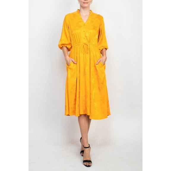 52 Seven split neck balloon sleeve pullover button closure at front drawstring waist jacquard dress with pockets by Curated Brands