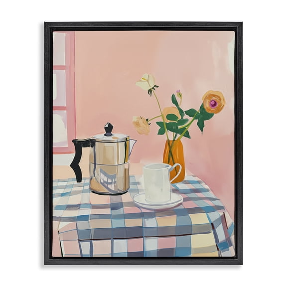 Stupell Industries Pink Retro Kitchen Table Cottage Painting Black Floater Framed Canvas Art Print Wall Art, 17 x 21