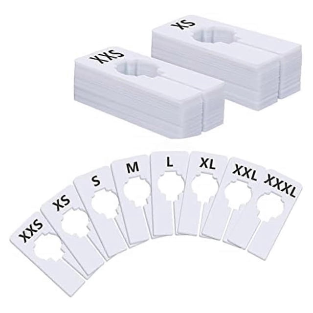 40 Pack Rectangular White Plastic Clothing Size Closet Rack Dividers Hangers, Preprinted in 8 Sizes