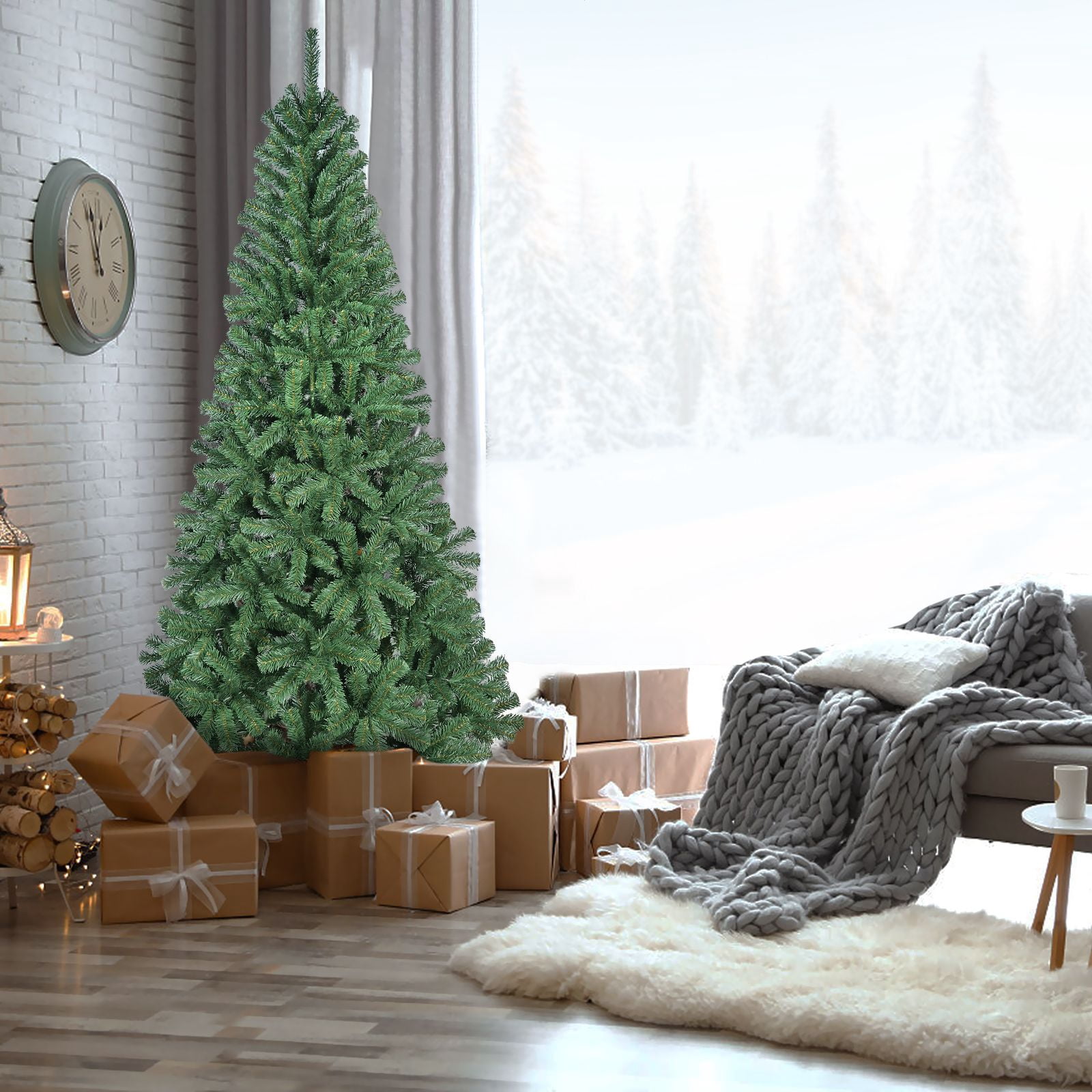 8FT Unlit Artificial Christmas Tree, Green Xmas Tree with 1136 Tips and Folding Metal Stand, for Indoor Holiday Decoration