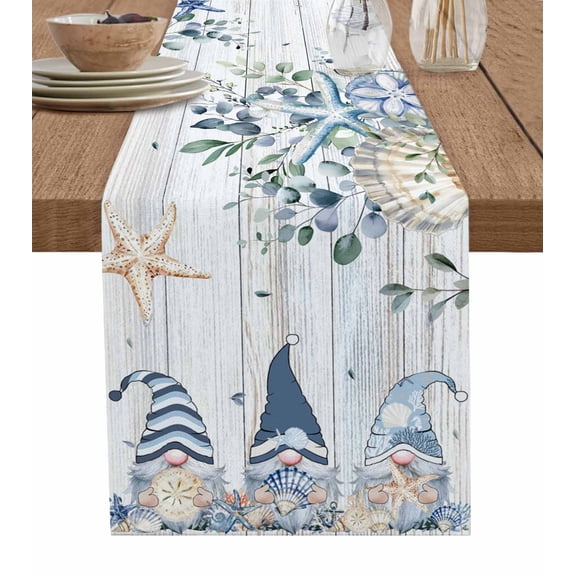 Coastal Eucalyptus Leaf Table Runner 70 Inches, Ocean Blue Gnomes Starfish Wood Grain Bed Runner Dresser Scarves Tabletop for Indoor Outdoor Parties/Ceremony/Banquet, 13" x 70"