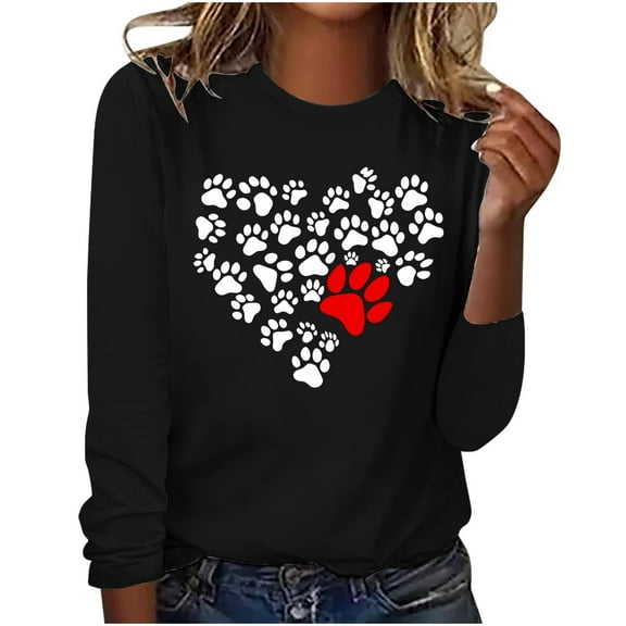 hxobax Heart Cute Basic Tees Womens Casual Crewneck Long Sleeve Tops Fall Tunic Dog Paw Shirt Blouse