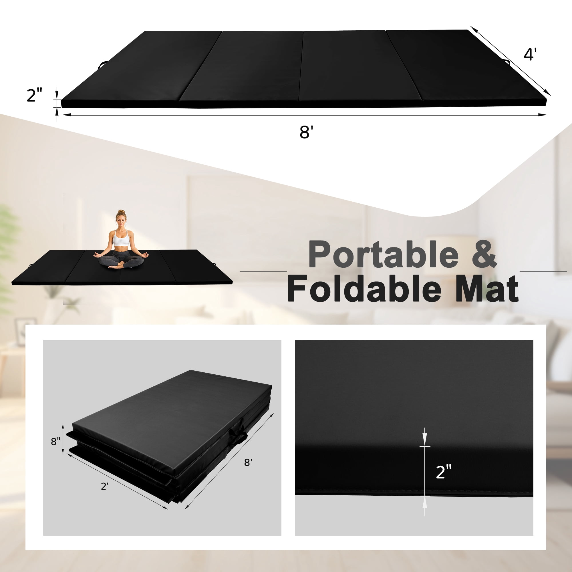 Sprint Demon 4FT x 8FT Folding Gymnastics Mat, Thick 2-Inch Exercise Mat with Vinyl Surface and Carrying Handles for Tumbling, Home Gym, Martial Arts, Yoga and Pilates, Black